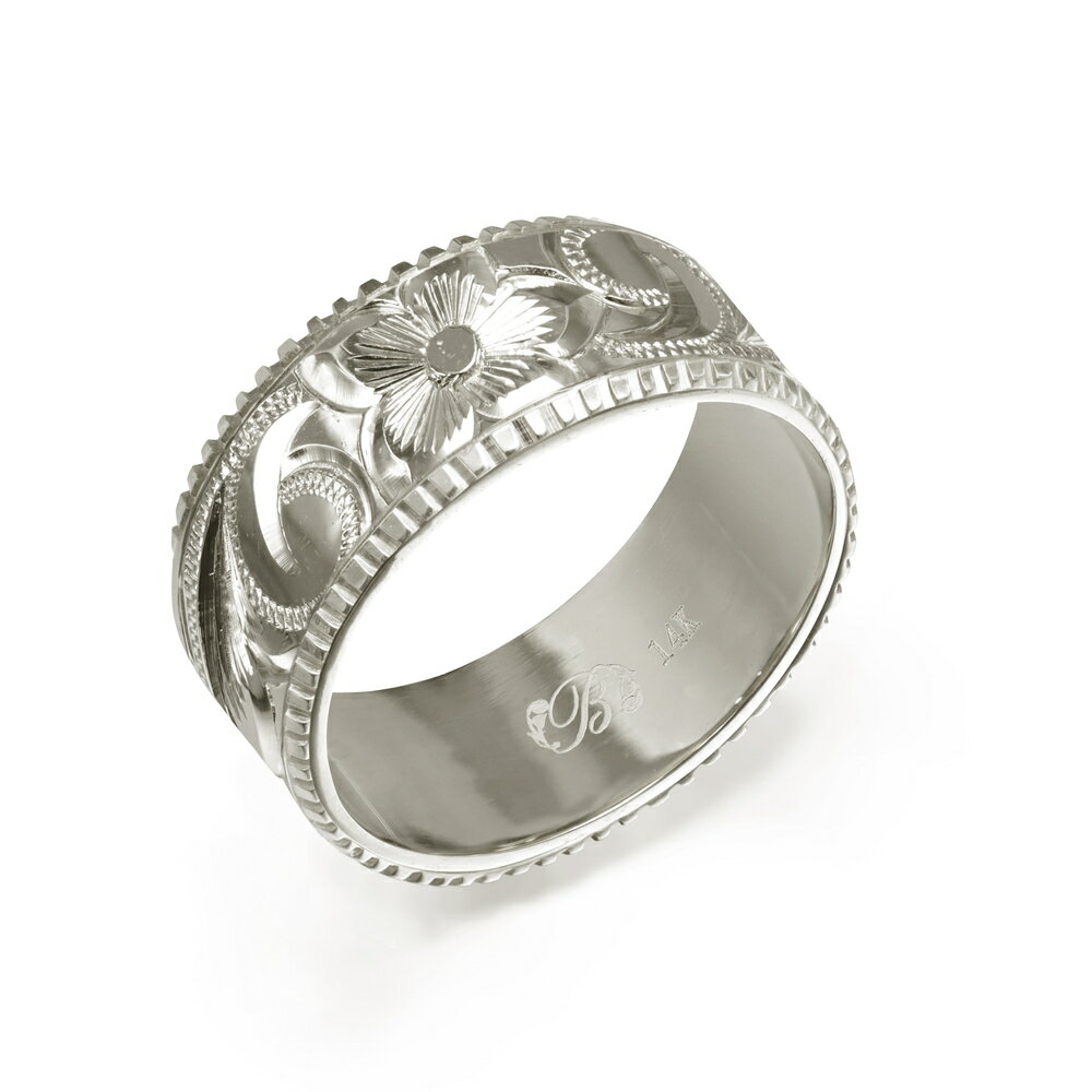ハワイアンジュエリー オーダーメイド リング 幅8mm 厚み1.2mm フラット 14Kホワイトゴールド スクロール コインエッジ オーダーメイド リング 指輪...
