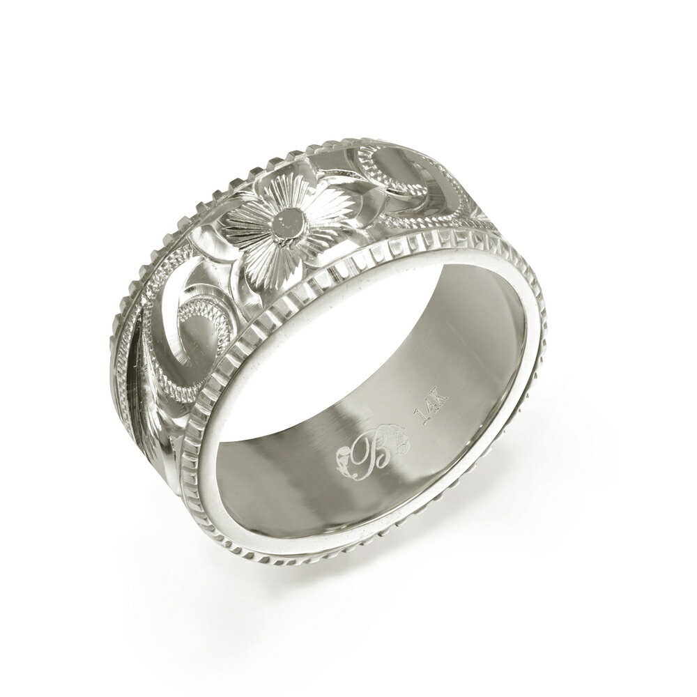 ハワイアンジュエリー オーダーメイド リング 幅8mm 厚み1.5mm フラット 14Kホワイトゴールド スクロール コインエッジ オーダーメイド リング 指輪...