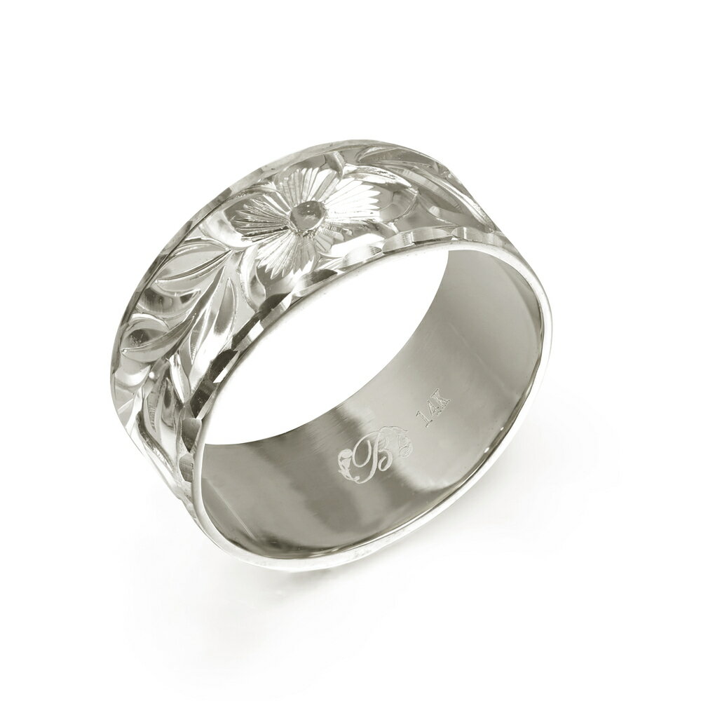 ハワイアンジュエリー オーダーメイド リング 幅8mm 厚み1.2mm フラット 14Kホワイトゴールド マイレリーフ ダイヤモンドカット オーダーメイド リン...