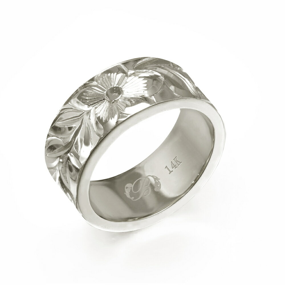 ハワイアンジュエリー オーダーメイド リング 幅8mm 厚み2mm フラット 14Kホワイトゴールド マイレリーフ ノーエッジ オーダーメイド リング 指輪 結...