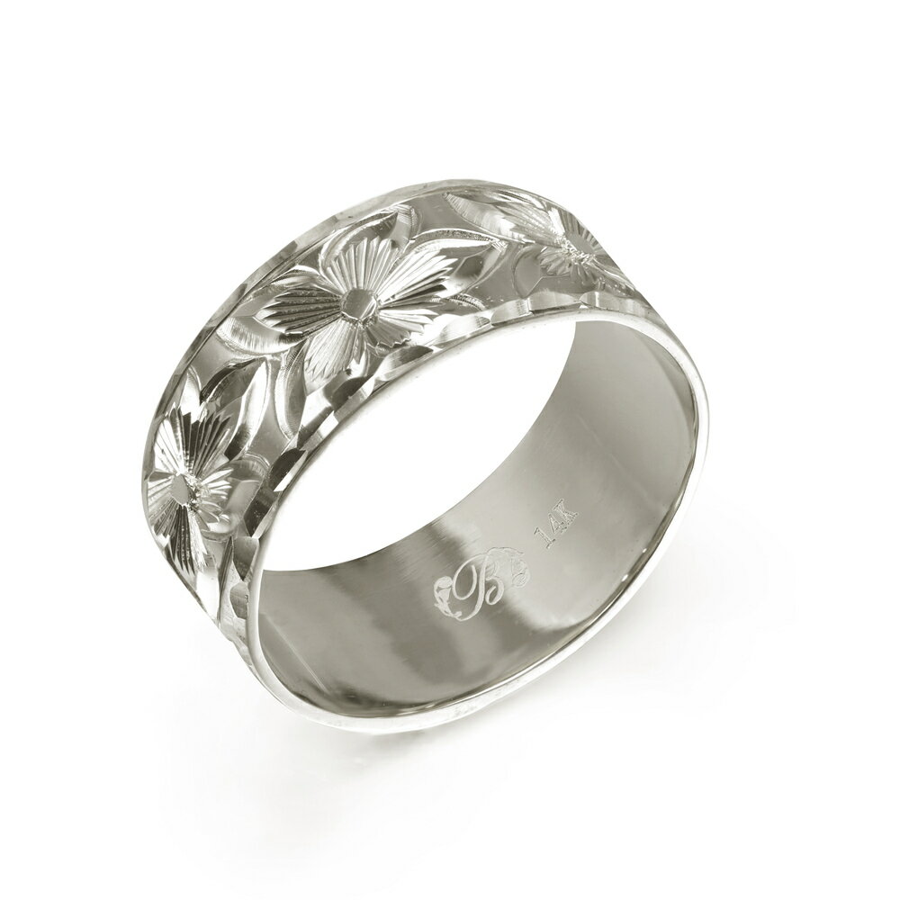 ハワイアンジュエリー オーダーメイド リング 幅8mm 厚み1.2mm フラット 14Kホワイトゴールド プルメリア ダイヤモンドカット オーダーメイド リング...