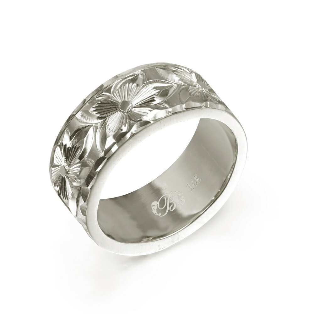 ハワイアンジュエリー オーダーメイド リング 幅8mm 厚み2mm フラット 14Kホワイトゴールド プルメリア ダイヤモンドカット オーダーメイド リング 指...