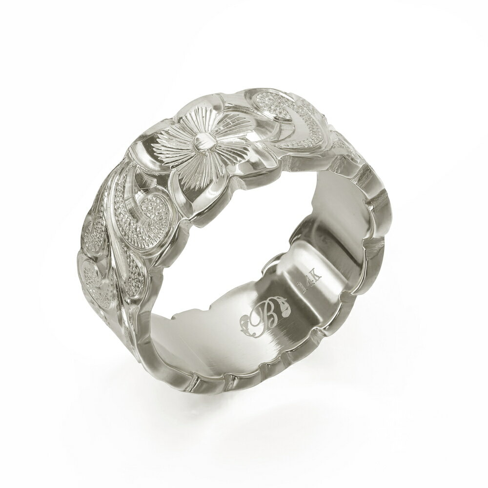 ハワイアンジュエリー オーダーメイド リング 幅8mm 厚み2mm フラット 14Kホワイトゴールド カレイキニ カットアウト オーダーメイド リング 指輪 結...