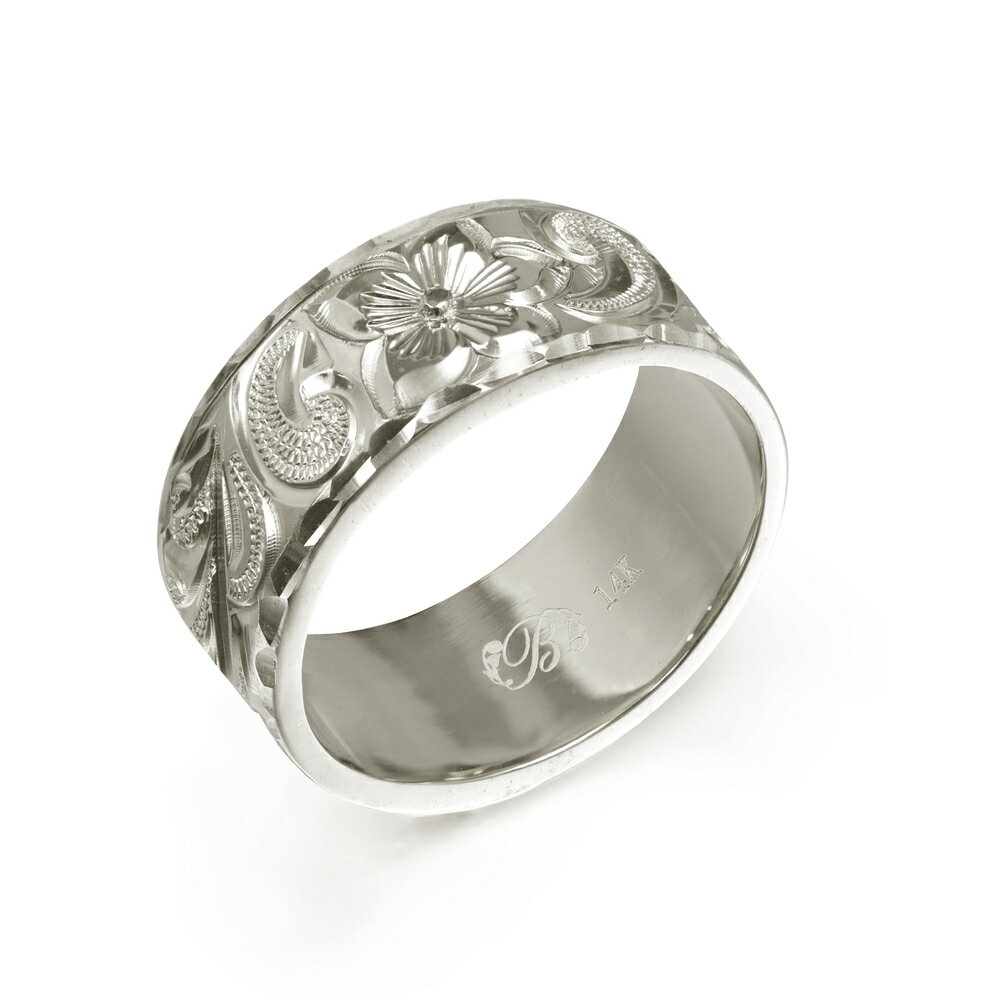 ハワイアンジュエリー オーダーメイド リング 幅8mm 厚み1.5mm フラット 14Kホワイトゴールド カレイキニ ダイヤモンドカット オーダーメイド リング...