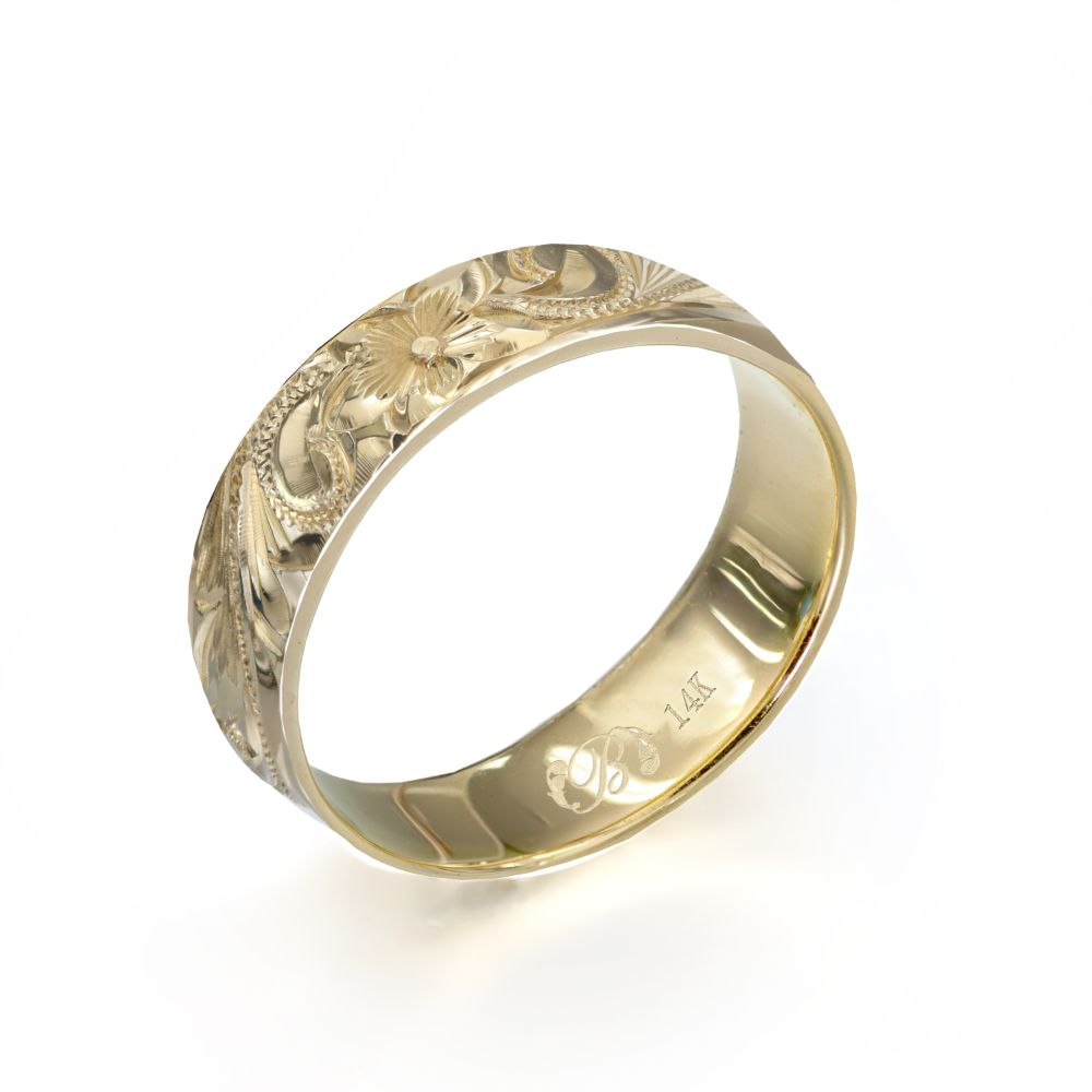 ハワイアンジュエリー オーダーメイド リング 幅4mm 厚み1.2mm バレル 14Kイエローゴールド スクロール ノーエッジ オーダーメイド リング 指輪 結...