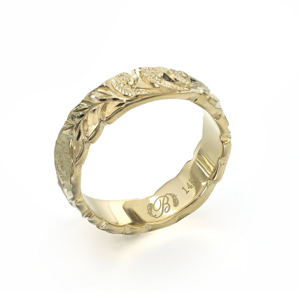 ハワイアンジュエリー オーダーメイド リング 幅4mm 厚み2mm バレル 14Kイエローゴールド マイレ＆カレイキニ カットアウト オーダーメイド リング 指輪 結婚指輪 マリッジリング | メンズ レディース 誕生日 クリスマス プレゼント 【品番：YB4C-A20】