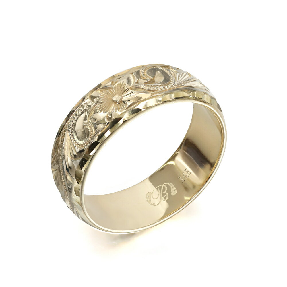 ハワイアンジュエリー オーダーメイド リング 幅6mm 厚み1.2mm バレル 14Kイエローゴールド スクロール ダイヤモンドカット オーダーメイド リング ...