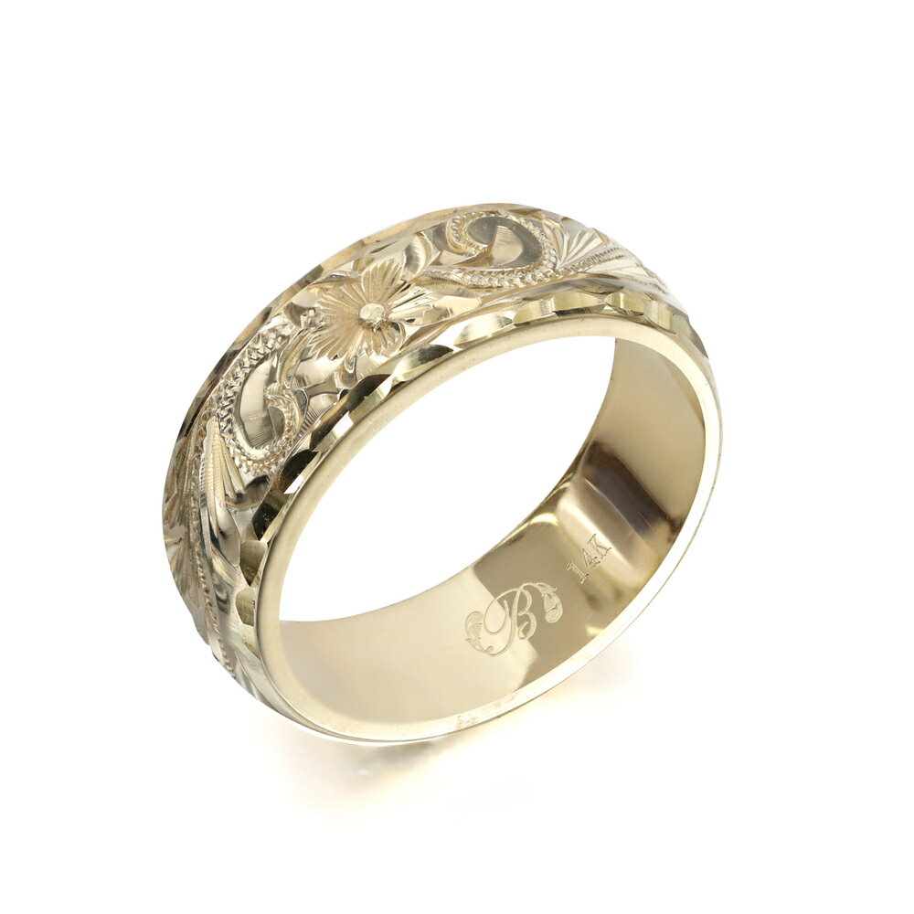 ハワイアンジュエリー オーダーメイド リング 幅6mm 厚み2mm バレル 14Kイエローゴールド スクロール ダイヤモンドカット オーダーメイド リング 指輪...
