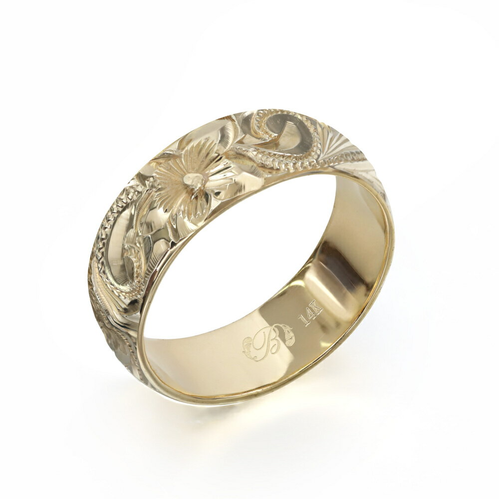 ハワイアンジュエリー オーダーメイド リング 幅6mm 厚み1.2mm バレル 14Kイエローゴールド スクロール ノーエッジ オーダーメイド リング 指輪 結...