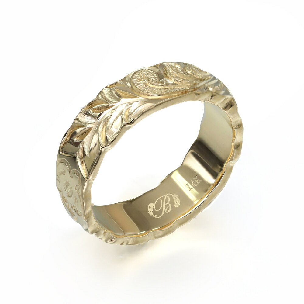 ハワイアンジュエリー オーダーメイド リング 幅6mm 厚み2mm バレル 14Kイエローゴールド マイレ＆カレイキニ カットアウト オーダーメイド リング 指輪 結婚指輪 マリッジリング | メンズ レディース 誕生日 クリスマス プレゼント 【品番：YB6C-A20】