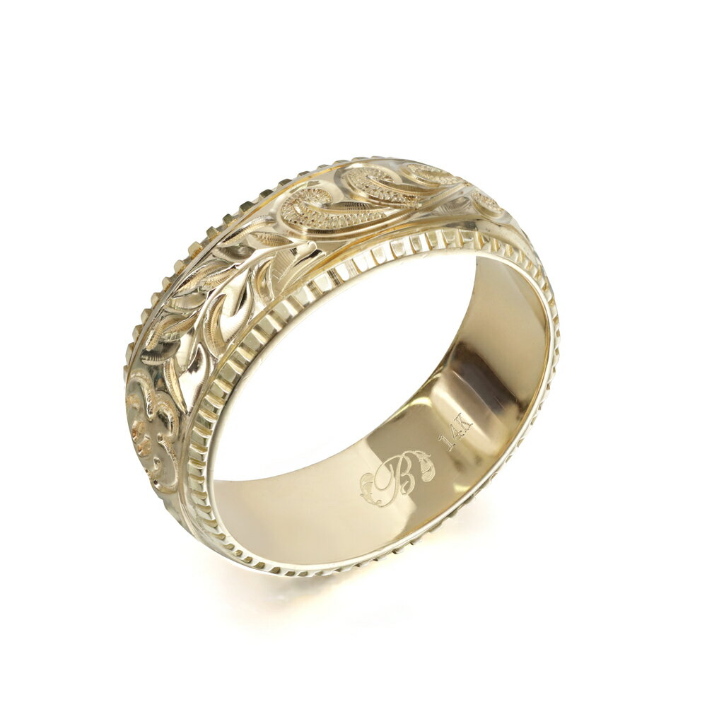 ハワイアンジュエリー オーダーメイド リング 幅6mm 厚み1.2mm バレル 14Kイエローゴールド マイレ&カレイキニ コインエッジ オーダーメイド リング...