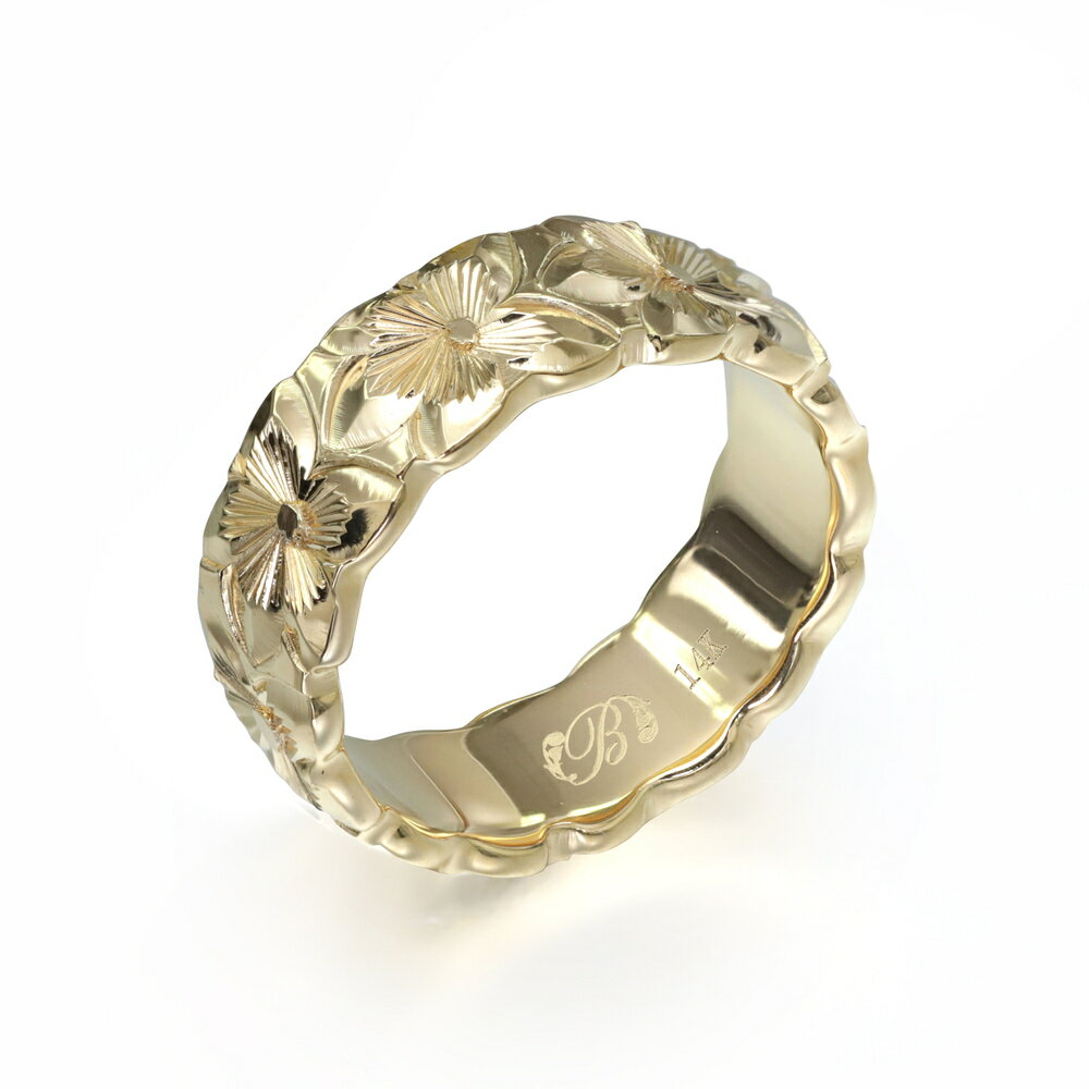ハワイアンジュエリー オーダーメイド リング 幅6mm 厚み2mm バレル 14Kイエローゴールド プルメリア カットアウト オーダーメイド リング 指輪 結婚...