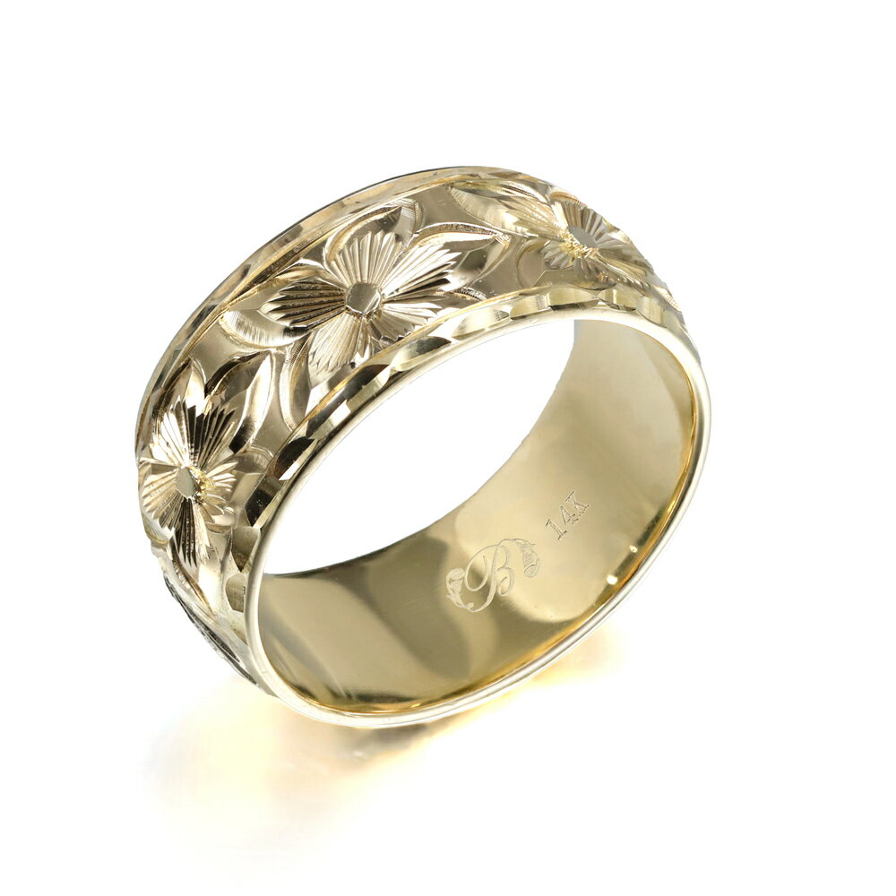 ハワイアンジュエリー オーダーメイド リング 幅8mm 厚み1.2mm バレル 14Kイエローゴールド プルメリア ダイヤモンドカット オーダーメイド リング ...