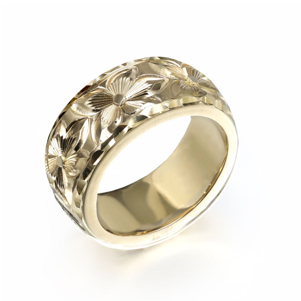 ハワイアンジュエリー オーダーメイド リング 幅8mm 厚み2mm バレル 14Kイエローゴールド プルメリア ダイヤモンドカット オーダーメイド リング 指輪...