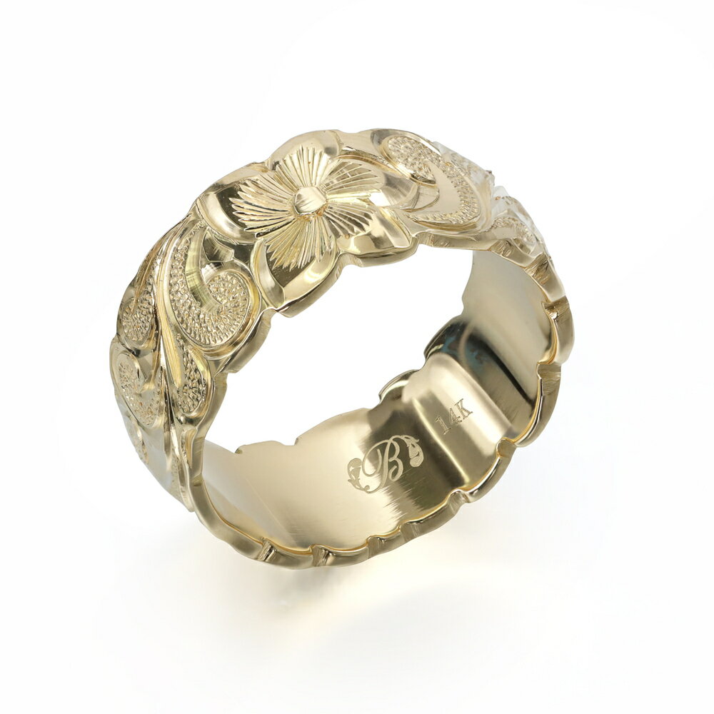 ハワイアンジュエリー オーダーメイド リング 幅8mm 厚み1.5mm バレル 14Kイエローゴールド カレイキニ カットアウト オーダーメイド リング 指輪 結婚指輪 マリッジリング | メンズ レディース 誕生日 プレゼント 【品番：YB8E-A15】