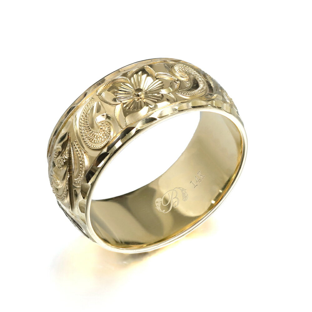 ハワイアンジュエリー オーダーメイド リング 幅8mm 厚み1.2mm バレル 14Kイエローゴールド カレイキニ ダイヤモンドカット オーダーメイド リング ...