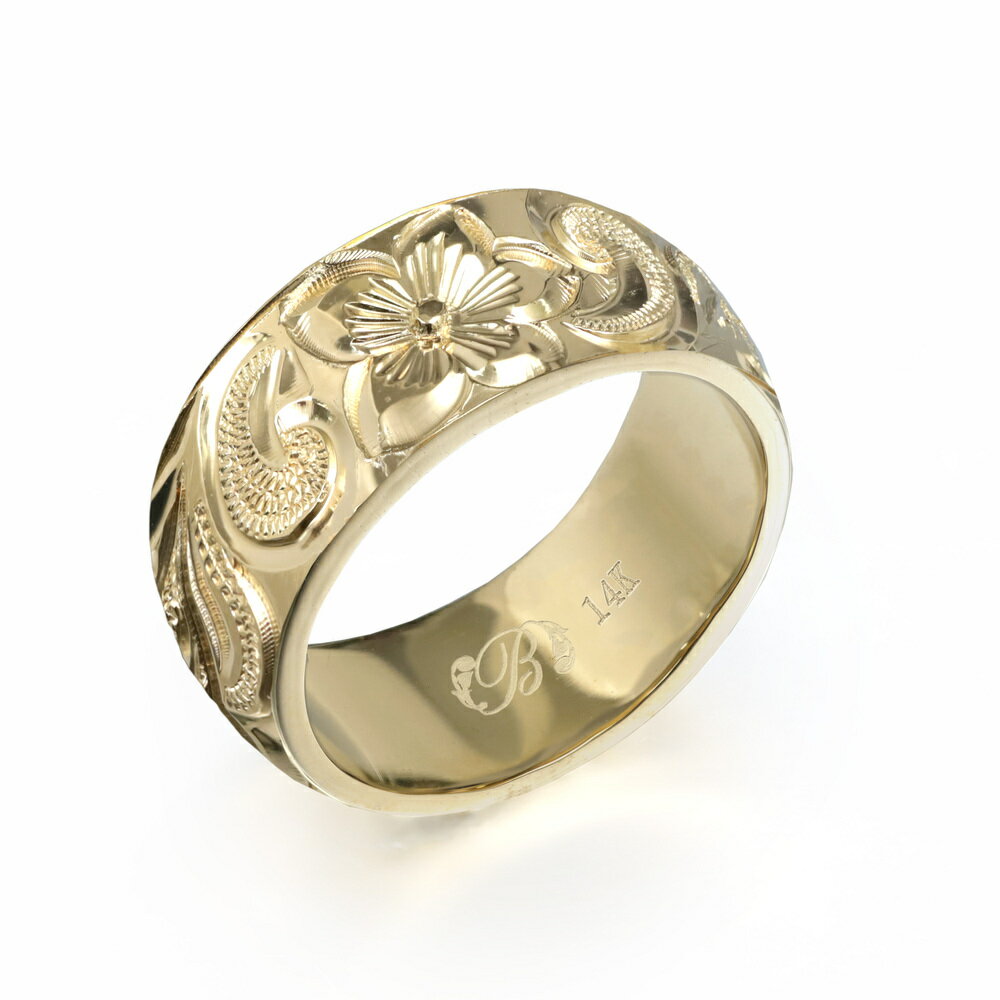 ハワイアンジュエリー オーダーメイド リング 幅8mm 厚み2mm バレル 14Kイエローゴールド カレイキニ ノーエッジ オーダーメイド リング 指輪 結婚指...