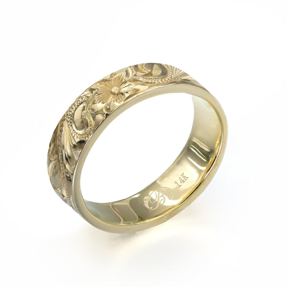 ハワイアンジュエリー オーダーメイド リング 幅4mm 厚み1.5mm フラット 14Kイエローゴールド スクロール ノーエッジ オーダーメイド リング 指輪 ...