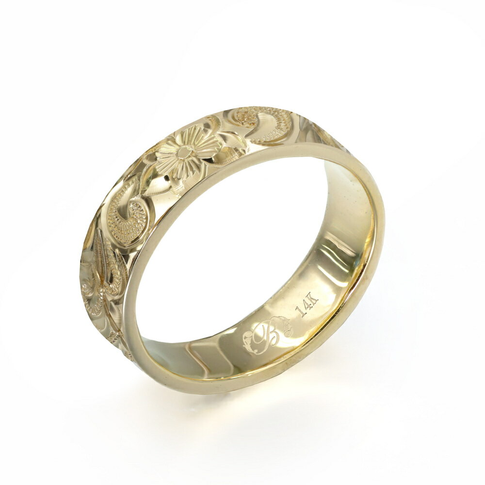 ハワイアンジュエリー オーダーメイド リング 幅4mm 厚み1.5mm フラット 14Kイエローゴールド カレイキニ ノーエッジ オーダーメイド リング 指輪 結婚指輪 マリッジリング | メンズ レディース 誕生日 クリスマス プレゼント 【品番：YF4E-E15】