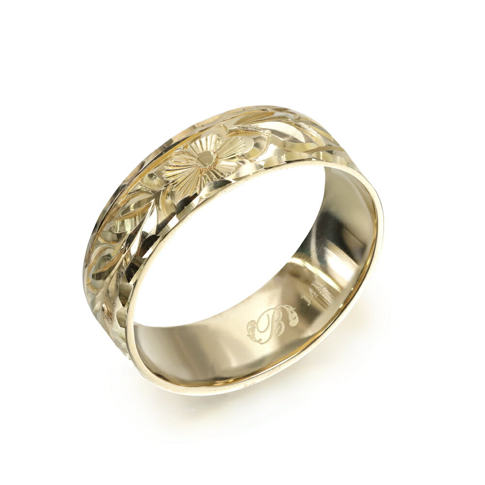 ハワイアンジュエリー オーダーメイド リング 幅6mm 厚み1.2mm フラット 14Kイエローゴールド マイレリーフ ダイヤモンドカット オーダーメイド リン...