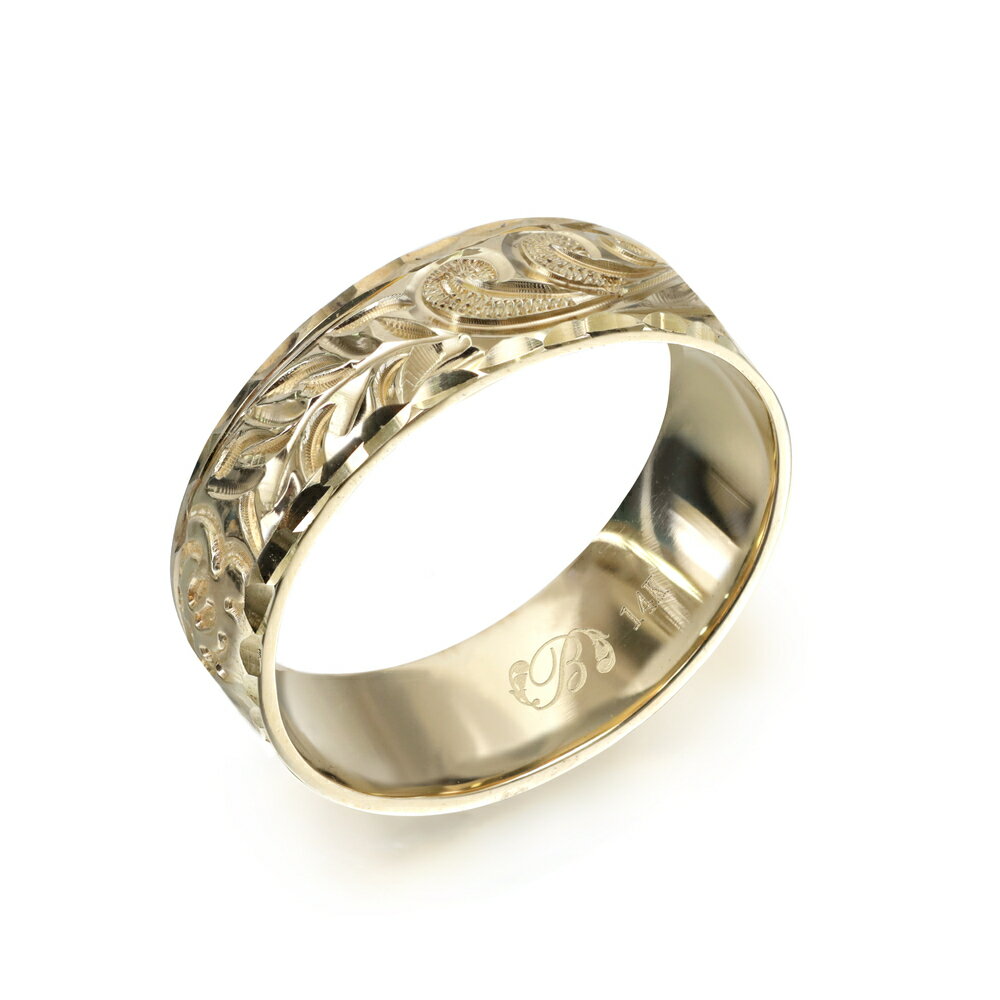 ハワイアンジュエリー オーダーメイド リング 幅6mm 厚み1.2mm フラット 14Kイエローゴールド マイレ&カレイキニ ダイヤモンドカット オーダーメイド...