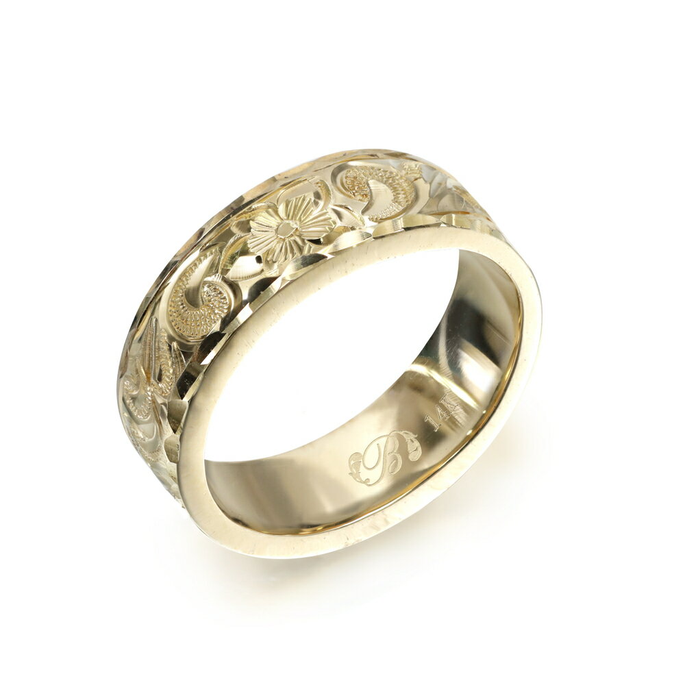 ハワイアンジュエリー オーダーメイド リング 幅6mm 厚み2mm フラット 14Kイエローゴールド カレイキニ ダイヤモンドカット オーダーメイド リング 指...