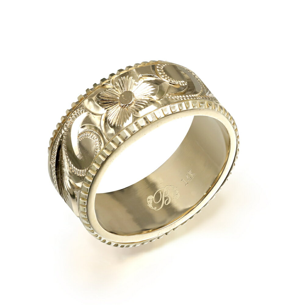 ハワイアンジュエリー オーダーメイド リング 幅8mm 厚み1.5mm フラット 14Kイエローゴールド スクロール コインエッジ オーダーメイド リング 指輪...