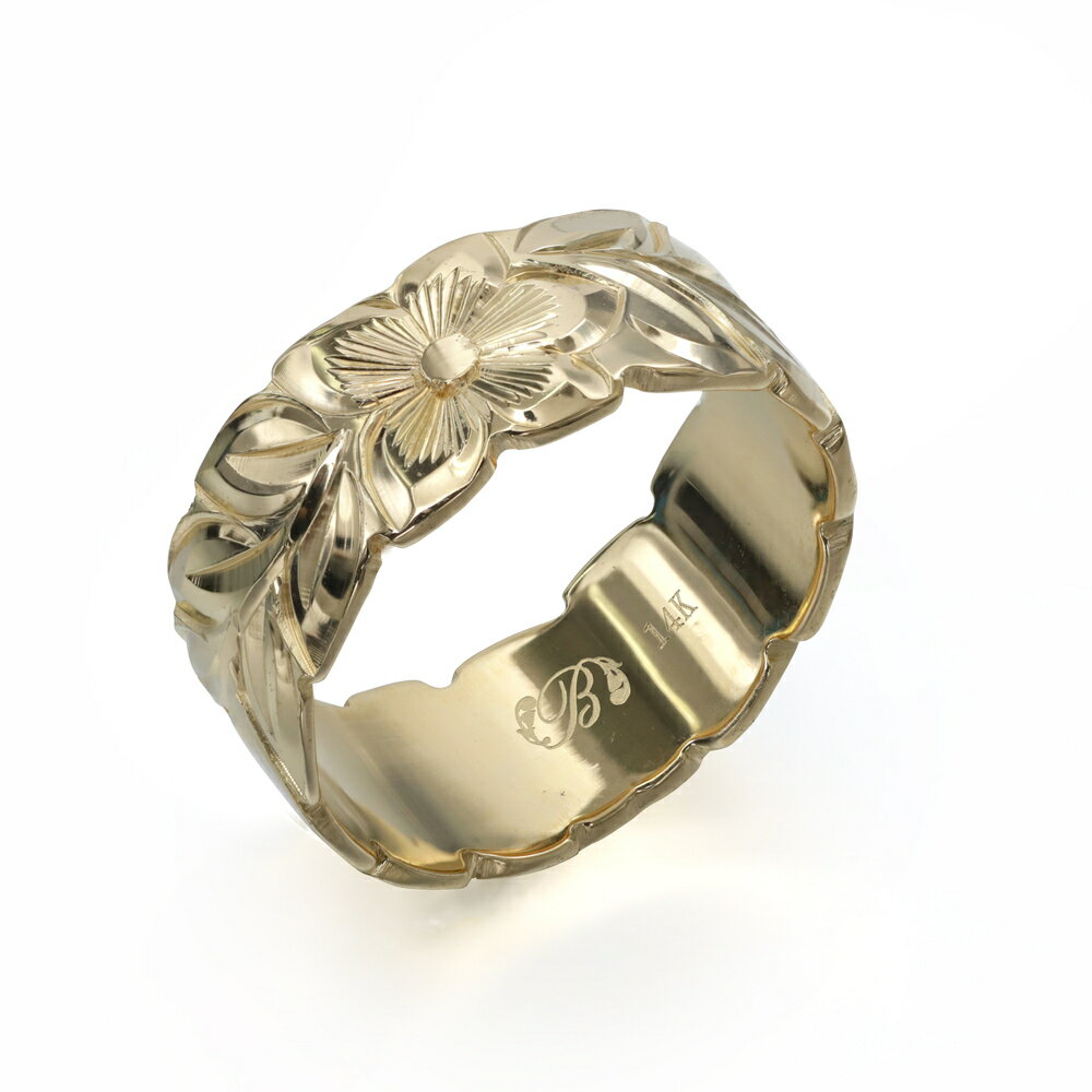 ハワイアンジュエリー オーダーメイド リング 幅8mm 厚み1.2mm フラット 14Kイエローゴールド マイレリーフ カットアウト オーダーメイド リング 指...