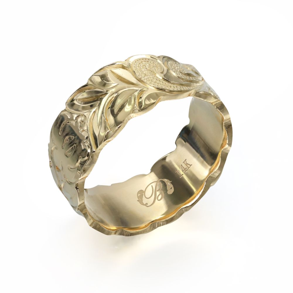 ハワイアンジュエリー オーダーメイド リング 幅8mm 厚み1.2mm フラット 14Kイエローゴールド マイレ&カレイキニ カットアウト オーダーメイド リン...