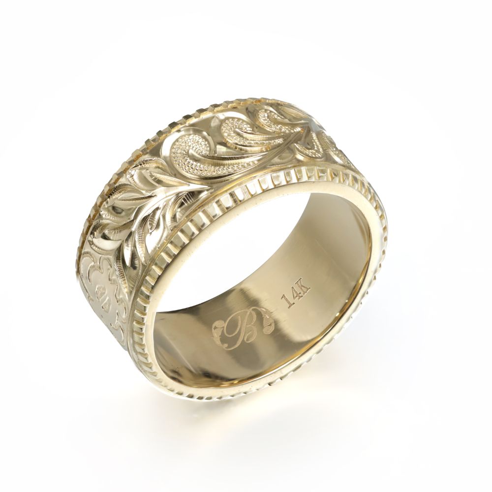 ハワイアンジュエリー オーダーメイド リング 幅8mm 厚み1.5mm フラット 14Kイエローゴールド マイレ&カレイキニ コインエッジ オーダーメイド リン...