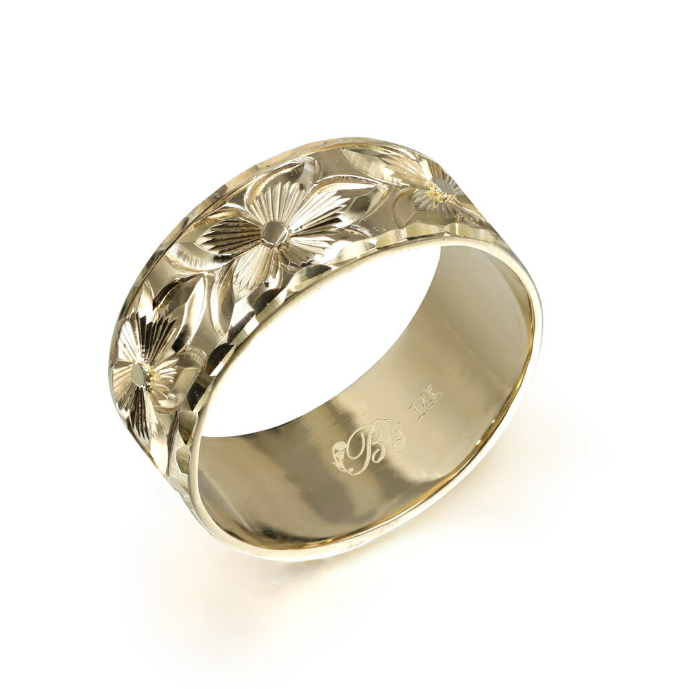 ハワイアンジュエリー オーダーメイド リング 幅8mm 厚み1.2mm フラット 14Kイエローゴールド プルメリア ダイヤモンドカット オーダーメイド リング...