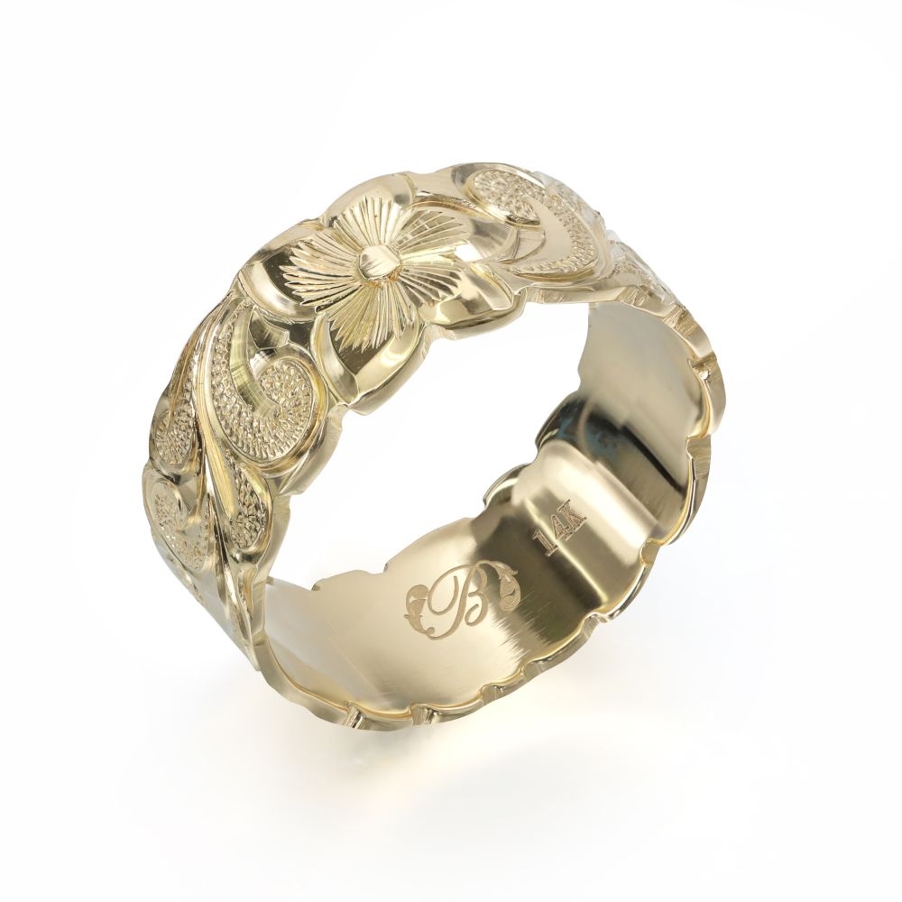 ハワイアンジュエリー オーダーメイド リング 幅8mm 厚み1.2mm フラット 14Kイエローゴールド カレイキニ カットアウト オーダーメイド リング 指輪...