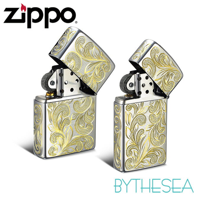 ペア zippo 【ペア2個セット】Zippo ライター ペアジッポライター レギュラー＆スリム 真鍮 クロムサテーナ クロムメッキ 5面手彫り ハワイアンジュエリー おしゃれ ジッポーライター BY THE SEA バイザシー | カップル 夫婦 誕生日 プレゼント 父の日 【品番：FL101C-FL102CP】