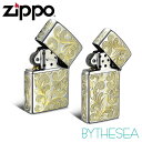 ペア zippo 【ペア2個セット】Zippo ライター ペアジッポライター レギュラー＆スリム 真鍮 クロムサテーナ クロムメッキ 5面手彫り ハワイアンジュエリー おしゃれ ジッポーライター BY THE SEA バイザシー | カップル 夫婦 誕生日 プレゼント 母の日 【品番：FL101C-FL102CP】