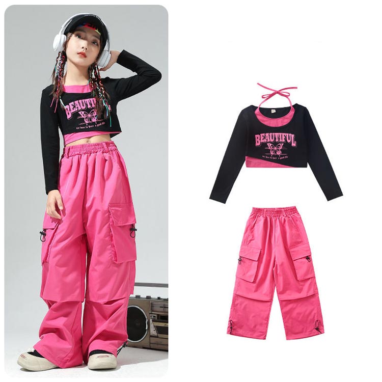 ドローコード付き セットアップ キッズ 長袖トップス ワイドパンツ へそ出し ダンス衣装 ジャズ キッズ カッコイイ ヒップホップ hiphop K-POP 配色 韓国 女の子 ジュニア 子供 ダンスウェア キッズ ダンス 衣装 2