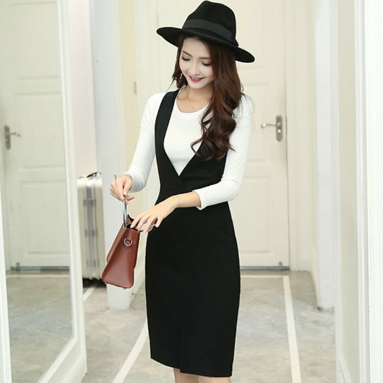 スカート ジャンスカ 前後Vネック ジャンパースカート ジャンスカ オールインワン タイトスカート サロペットワンピース サロペット レディース 秋 タイト ワンピース ミドル丈 スリット サロペスカート オーバーオール 黒 ポケット付き 膝丈 ストレッチ タイトワンピ