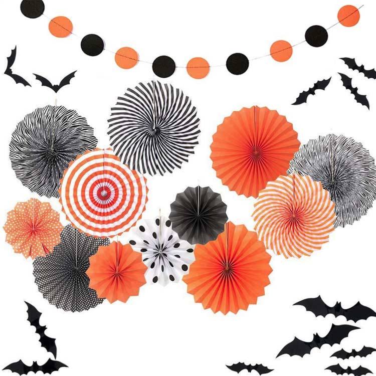 ボール 黒 紙 ハロウィーン ペーパー ガーランド 12点セット ハロウィン飾り ブラック 飾り物 オレンジ ハロウィン飾り イベント オーナメント 装飾 飾り付け ペーパーファン 玄関 屋外 屋内 室内 学校 店舗 天井 壁貼り 壁掛け halloween デコレーション 雰囲気満々 2