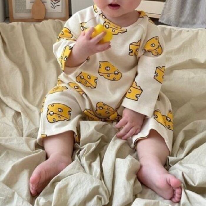 チーズ ロンパース 帽子付き 2点セット 60cm 70cm チーズ柄 カバーオール ホワイト イエロー つなぎ ベ..