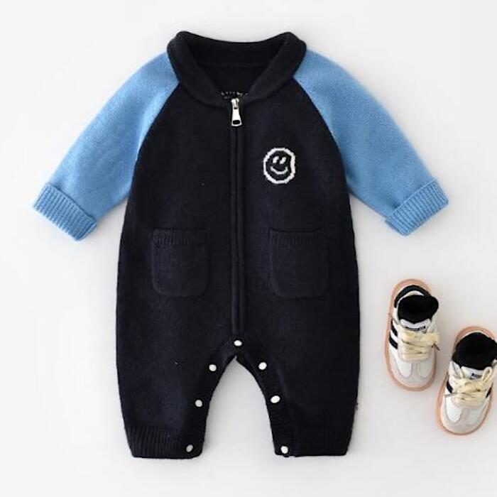 ニット スマイル ロンパース ネイビー ブルー カバーオール つなぎ にこちゃん ベビー服 紺 青 子供服 こども服 こどもふく 韓国子供服..