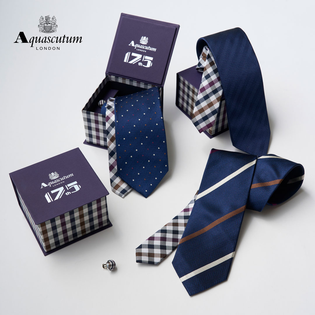AQUASCUTUM - 【ネクタイ】 アクアスキュータム セット ラペルピン付 専用BOX付 ブランド シルク100% 【175周年 限定パープル クラブチェック】 プレゼント 男性 ギフト 就職祝い 入社祝い 昇進祝い 送別品 卒業祝い 退職祝い 新生活 誕生日 お祝い Aquascutum