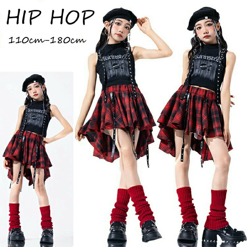女の子 韓国k-pop キッズ ダンス 衣装 チェック柄 スカート ブラック レッド タンクトップ へそ出し シ..