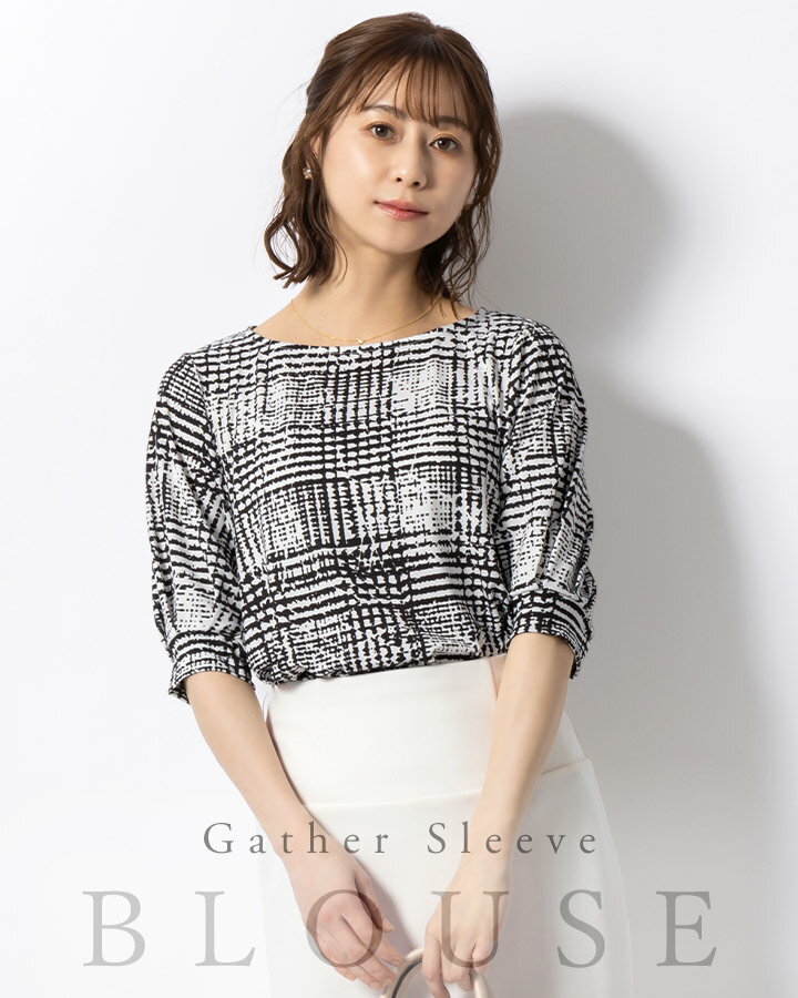 乐天商城 - ブラウス ：パフスリーブ ノワールラティス ◆tp027-0001 レディース きれいめ 30代 40代 50代 着やせ 大人 上品 エレガント 大きいサイズ トップス シンプル スーツ インナー 薄手 チェック柄 フォーマル オフィス カジュアル 母の日 五分袖 半袖 春 夏 秋