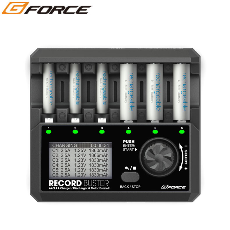 ※こちらの商品はラッピング不可となっております。 G-FORCE ジーフォース Record Buster AA/AAA Charger G0156 最大2.5Aの大電流充電と画期的な3ステップチャージモード。 単三/単四型バッテリーを思うがままに、自由自在に充放電。 単三/単四充電池を最大6本同時に充放電可能 充電、放電、リフレッシュ、ブレークインの4つの動作モードを搭載 3段階で充電設定可能な「STEP CHARGE MODE」を搭載 最大充電電流2.5A！放電電流1.5A！パワフル充放電器 日本語（カタカナ）表示で操作カンタン モーターブレークイン（最大6.0V）機能搭載 USB機器の電源に使えるUSB(QC3.0)出力搭載 バッテリー内部抵抗測定機能搭載 逆接続防止機能搭載 製品仕様 入力電源：DC12V/3A 対応バッテリー：NiMH/NiCD バッテリーサイズ：単三（AA）/単四（AAA） 充電電流：0.1-2.5A 放電電流：0.1-1.5A 放電カット電圧範囲：0.8V-1.0V USB（QC3.0）出力：5V/3A, 9V/2A（最大18W） デルタピーク設定幅：1-8mV トリクル充電電流：30-99mA/OFF カット温度設定範囲：55-65℃ 重量：600g サイズ：148x135x65mm モーターブレークイン機能 作動電圧：0.5V-6V 電流制限範囲：0.1A-2A 回転方向：自動/正回転/逆回転 設定時間範囲：1-60分