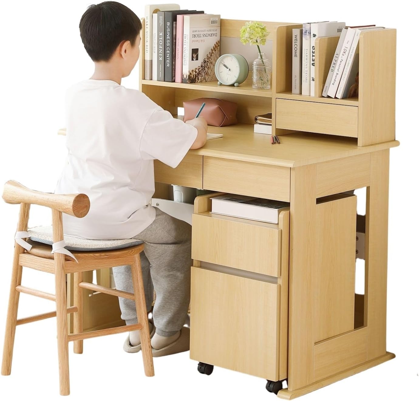 キッズテーブル リビング 学習机 学習デスク 子供デスク 勉強デスク ワゴン付き 引き出し付き 安全デザイン 頑丈 安定性抜群 キッズ・ジュニア用 子ども用 木製 ナチュラル