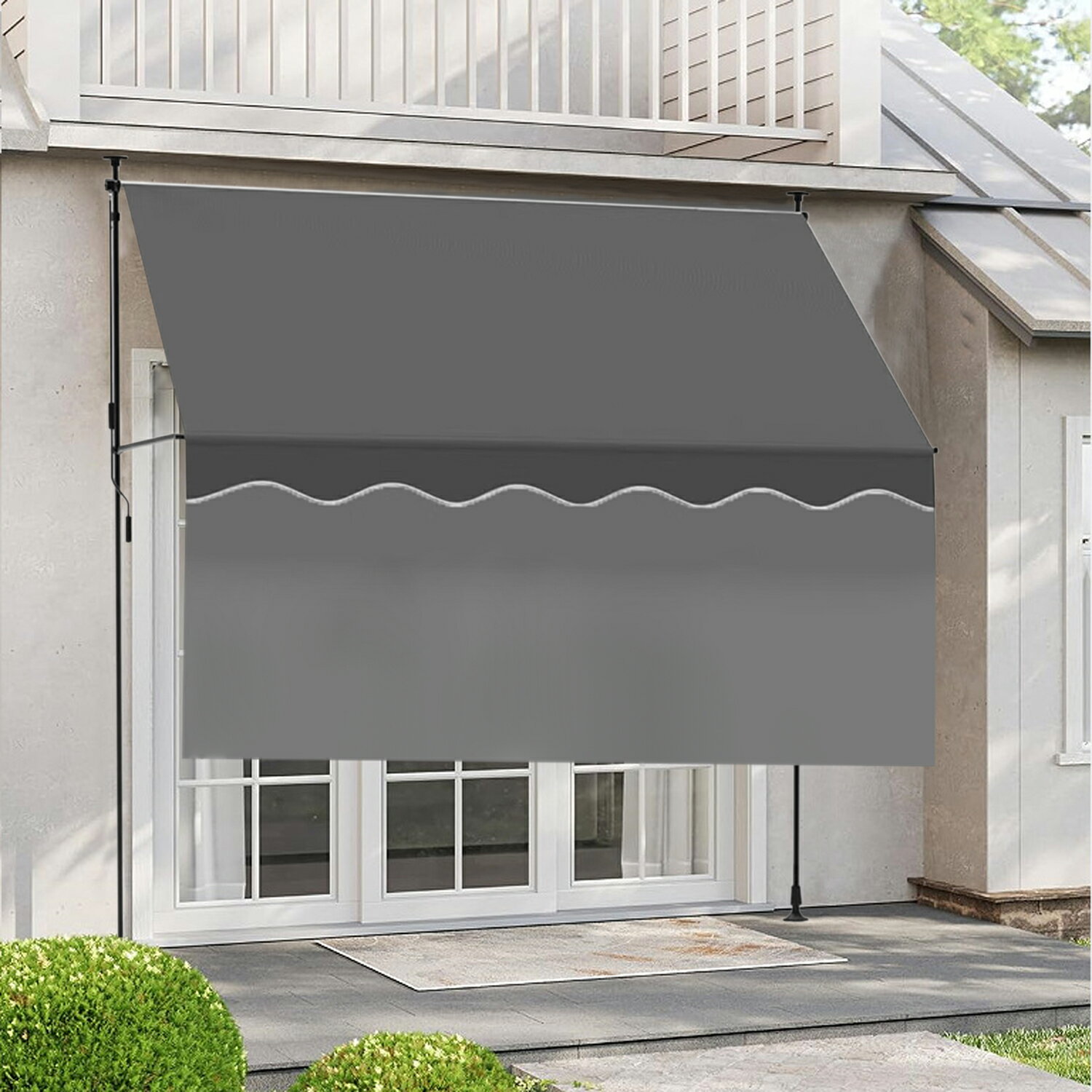 オーニングテント つっぱり式 幅2/2.5/3m 前幕付き 突っ張り日よけ目隠し 巻き取り式 オーニング日除 アーム伸縮タイプ 簡単設置 工事不要 UVカット率95%以上 サンシェード 日よけスクリーン 庭 窓