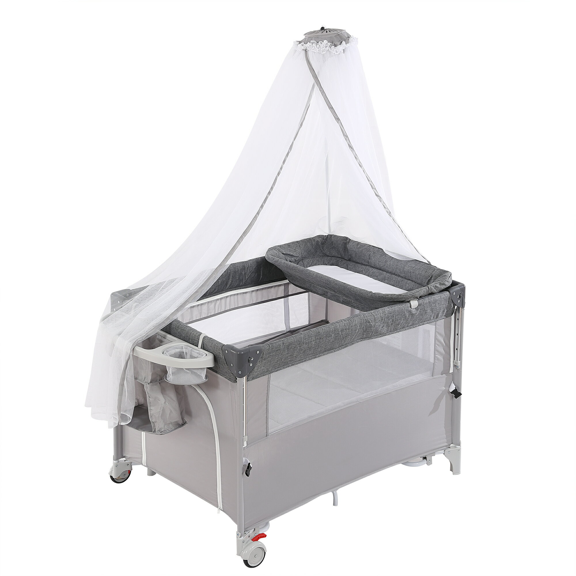 商品情報1台5役の多機能設計｜昼寝ベッド・サークル・添い寝・おむつ替え・ゆりかごをこれ一台で！上段は新生児用ベッド、下段はベビーサークルとして使用可能。メッシュ素材で可視性が高く、家事中でも赤ちゃんの様子が一目でわかる安心設計。添い寝モードにも対応し、夜間授乳がラクになります。折りたたみ式で持ち運び簡単｜旅行・帰省にも便利工具不要でサッと折りたたみ可能。コンパクトに収納でき車のトランクにも収まりやすい。外出先でも赤ちゃんの安全な居場所を確保できます。※寝ている赤ちゃんを乗せたまま移動は不可。おむつ替えテーブル付属｜ママの腰に優しい衛生的な設計しっかり固定されるおむつ替え台で、安全・衛生的にサッと交換可能。ベビーベッド＋おむつ台が一体型なので、別途買う必要もなく収納の手間もなし。ゆりかご機能＋添い寝対応｜心地よい揺れでぐっすり寝かせる揺れる機能付きで、赤ちゃんが安心して眠れる優しい揺れを実現。片側の高さは3段階調節可能で、大人のベッドに合わせて添い寝ベッドとしても使用できます。固定ベルト付きでズレを防止。蚊帳＋大容量収納＋EN71安全基準｜安全・便利を徹底追求・取り外し可能な蚊帳で夏でも虫からしっかり保護・サイドポケットでおむつ・おもちゃ・哺乳用品を整理・下部収納は衣類・消毒器など大きめアイテムも収納可能本体はEN71安全基準クリアで、赤ちゃんが使う製品として安心の品質。折りたたみ ベビーサークル ベビーベッド 5WAY おむつ替えテーブル付き ゆりかご 添い寝対応 蚊帳付き コンパクト収納 大容量収納 昼寝ベッド 新生児〜3歳対応 EN71認証 これ1台で「寝かせる・守る・替える・揺らす・片付ける」全部完結！育児をもっとラクにする5WAYベビーベッド。 5