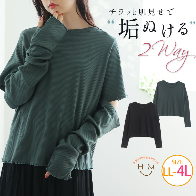 Rakuten - 大きいサイズレディース トップス | 2WAY スリットスリーブ テレコリブ トップス _ カットソー プルオーバー LL 3L 4L 秋 秋物 秋冬 ぽっちゃり ゆったり カジュアル ナチュラル プラスサイズ リブ素材 スリット きれいめ [282686]