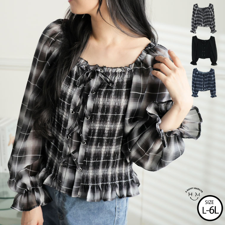 Rakuten - 大きいサイズ レディース ブラウス | シフォン シャーリング ブラウス _ シャツ トップス チェック LL 3L 4L 5L 6L 長袖 七分袖 夏 夏物 夏服 秋 秋物 秋冬 ぽっちゃり ゆったり プラスサイズ リボン フェミニン ギャル [4056005]