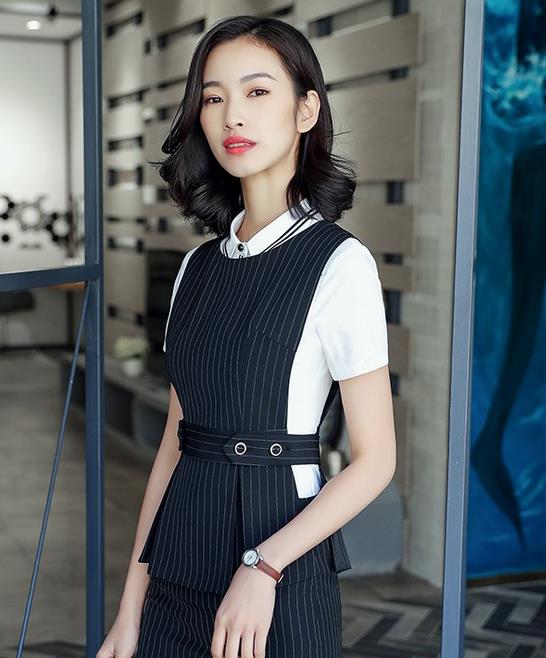 2色ベスト レディース 通勤オフィス 入学式に七五三 OL 大きいサイズ トップス 制服 事務服 フォーマル ビジネス 細身 大きいサイズ　S-XXXL　　ブラック　縦縞　　無地