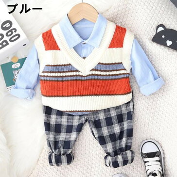 新入荷!3点セット/80/90/100/110/120長袖/上下セットベビースーツ/フォーマル /子供服 ベビーフォーマル 男の子 ンパース 新生児 幼児 結婚式 七五三 卒園式 入園式 出産祝い 記念日 撮影/ストライプ 縞 パンツ シャツ ベスト